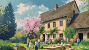 Stimmungsbild des Grundstücks des Pfarrhauses von KI erstellt.