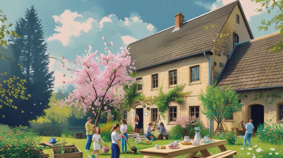 Stimmungsbild des Grundstücks des Pfarrhauses von KI erstellt.